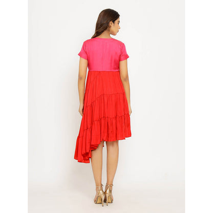 NEORA BY NEHAL CHOPRA Red & Pink Asymmetrical Midi Dress
