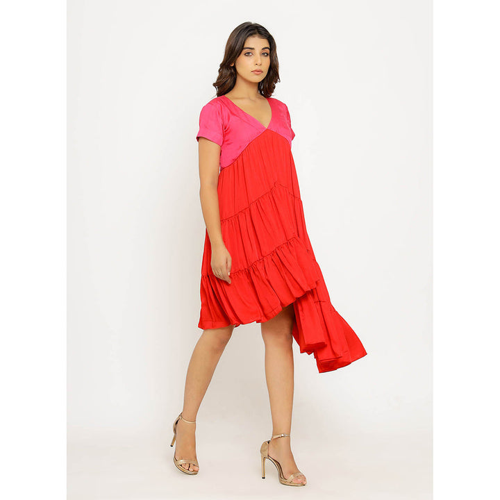NEORA BY NEHAL CHOPRA Red & Pink Asymmetrical Midi Dress