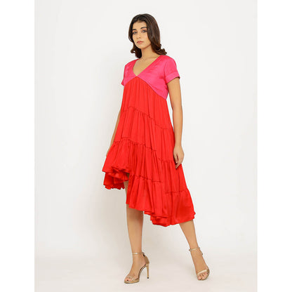 NEORA BY NEHAL CHOPRA Red & Pink Asymmetrical Midi Dress