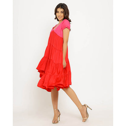 NEORA BY NEHAL CHOPRA Red & Pink Asymmetrical Midi Dress