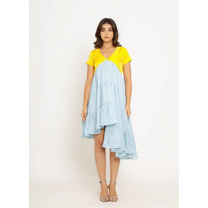 NEORA BY NEHAL CHOPRA Yellow & Ice Blue Asymmetrical Midi Dress