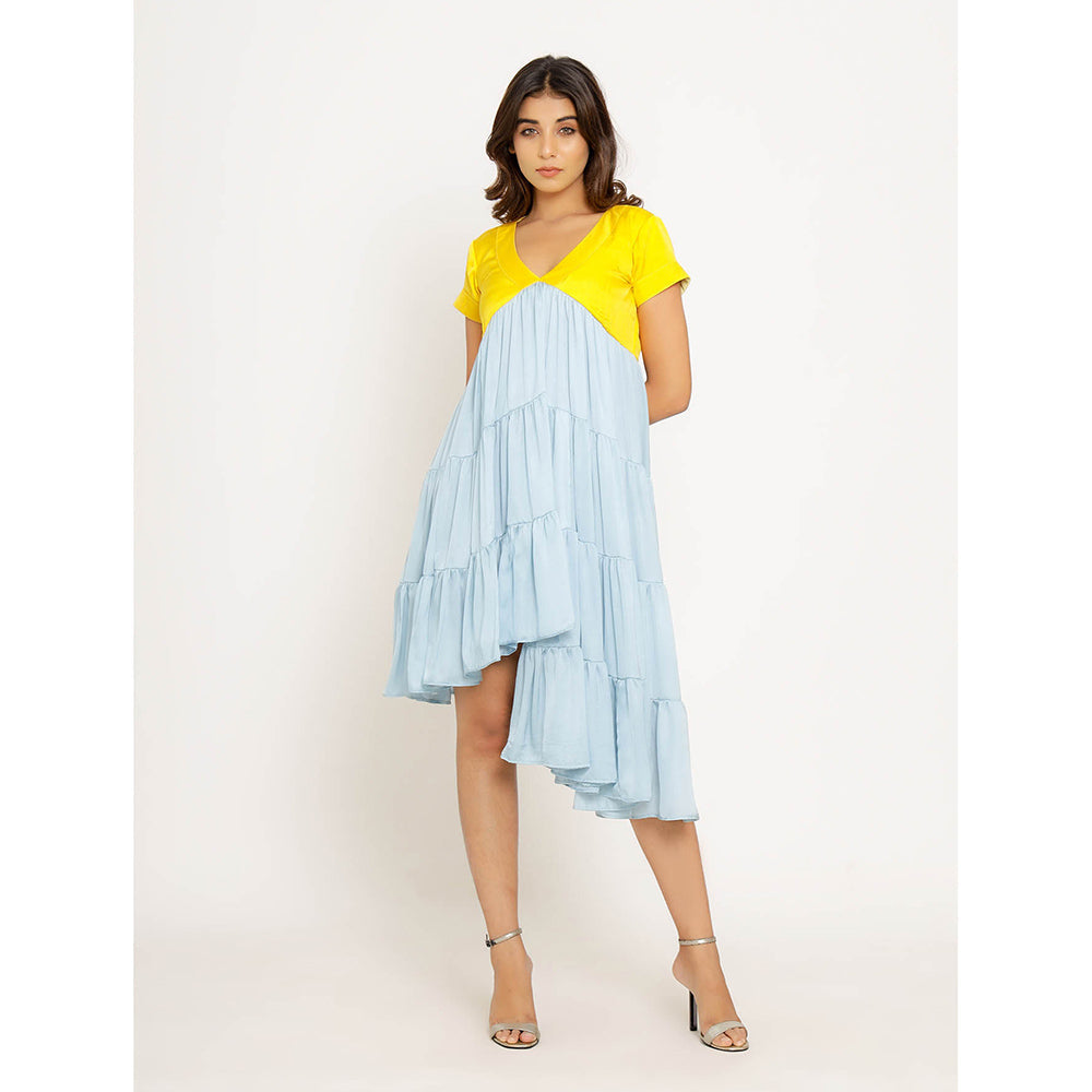 NEORA BY NEHAL CHOPRA Yellow & Ice Blue Asymmetrical Midi Dress