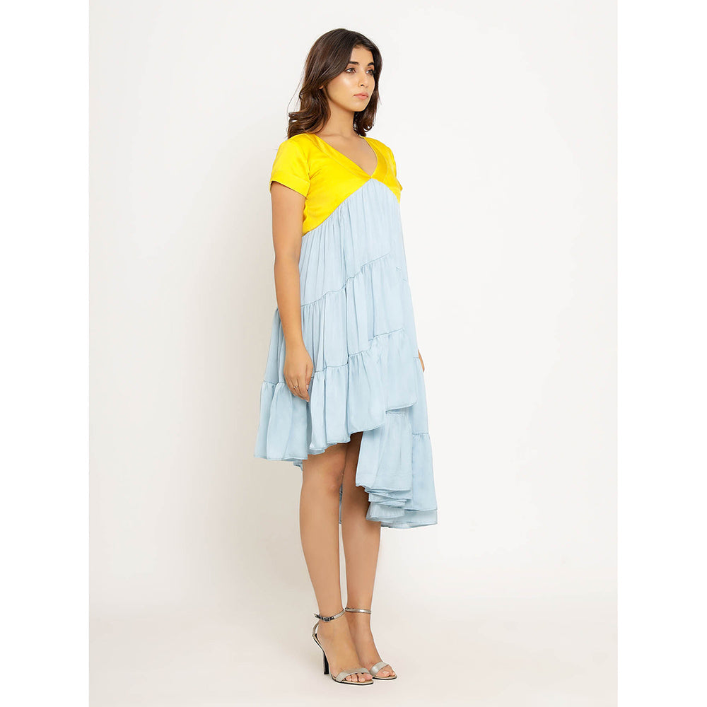 NEORA BY NEHAL CHOPRA Yellow & Ice Blue Asymmetrical Midi Dress