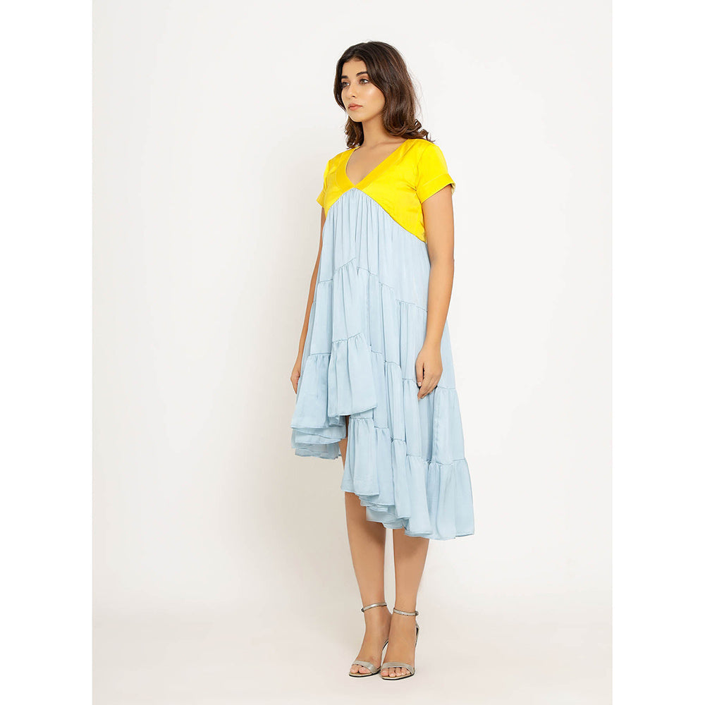 NEORA BY NEHAL CHOPRA Yellow & Ice Blue Asymmetrical Midi Dress