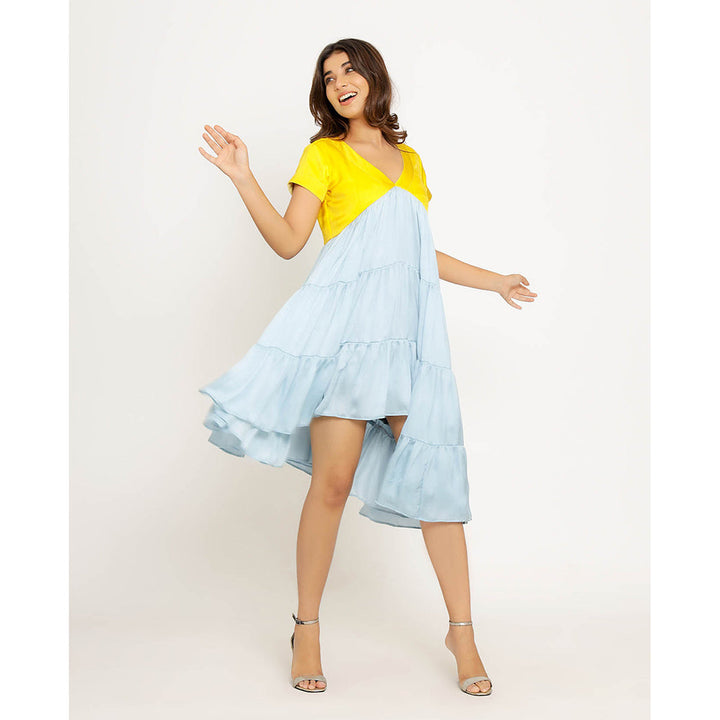 NEORA BY NEHAL CHOPRA Yellow & Ice Blue Asymmetrical Midi Dress