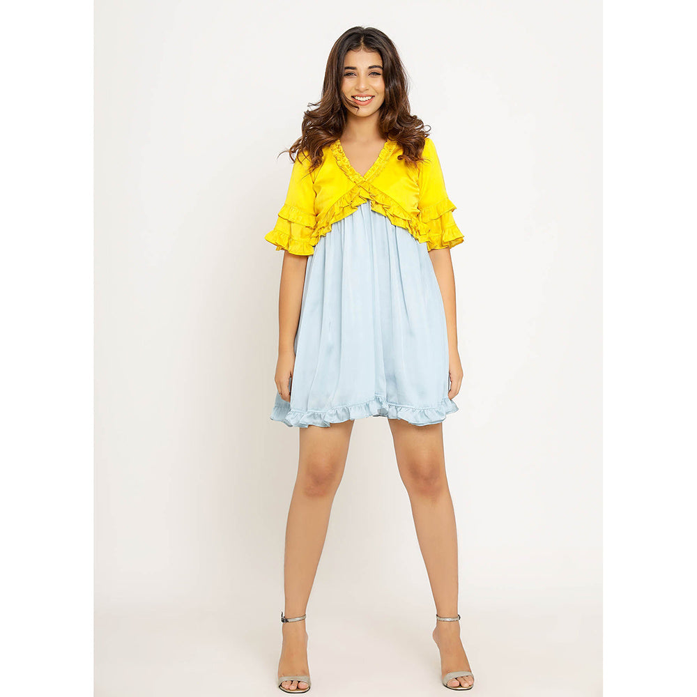 NEORA BY NEHAL CHOPRA Yellow & Ice Blue Frill Mini Dress