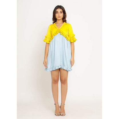 NEORA BY NEHAL CHOPRA Yellow & Ice Blue Frill Mini Dress