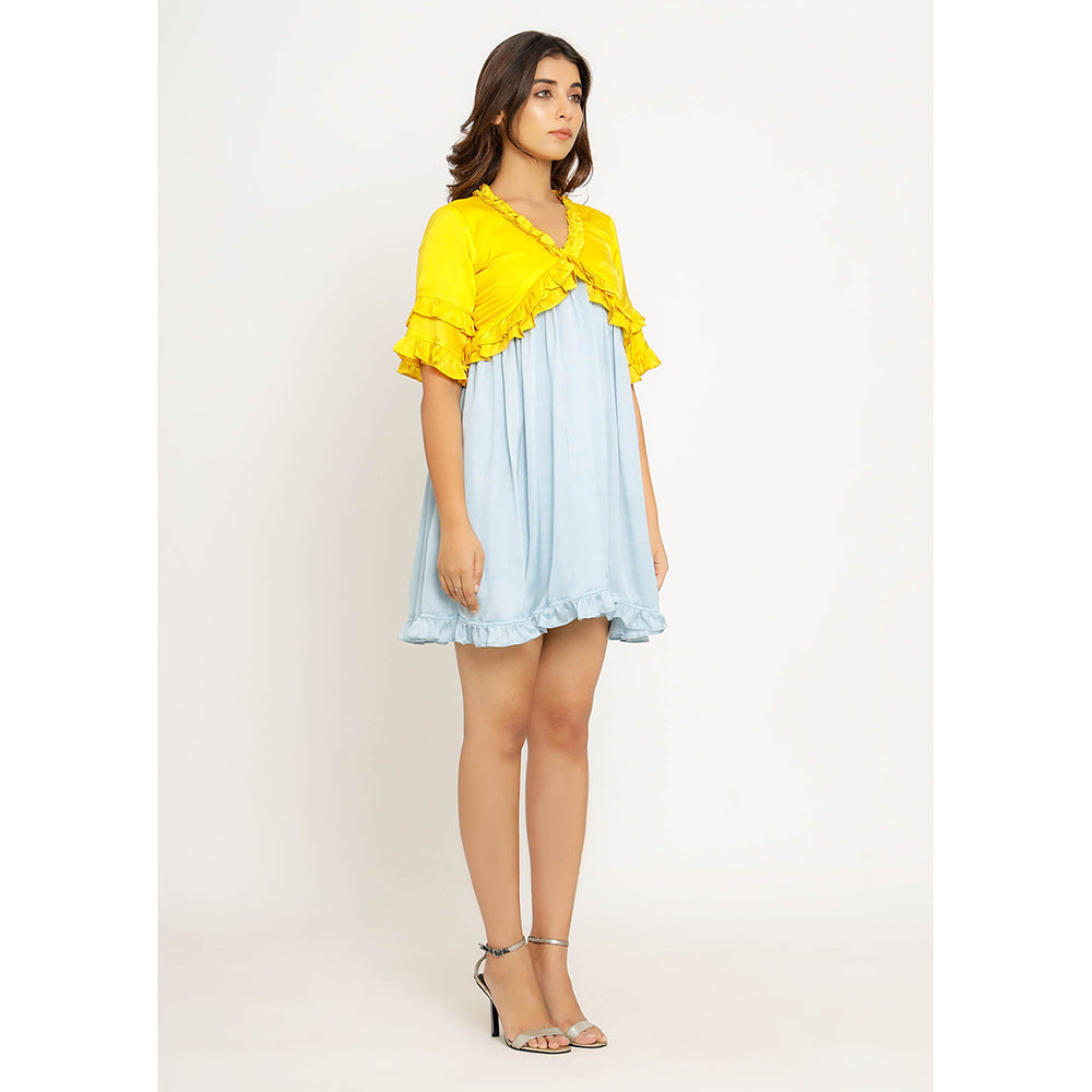 NEORA BY NEHAL CHOPRA Yellow & Ice Blue Frill Mini Dress