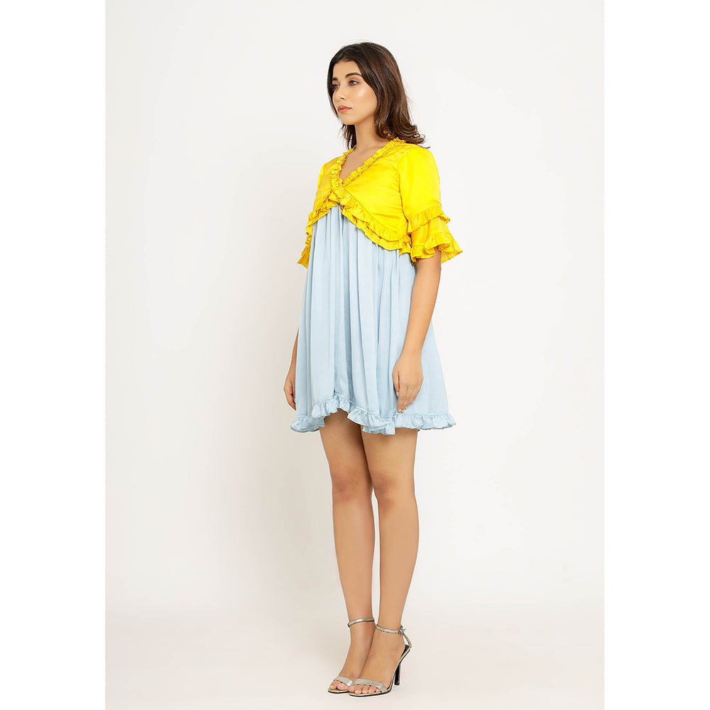 NEORA BY NEHAL CHOPRA Yellow & Ice Blue Frill Mini Dress