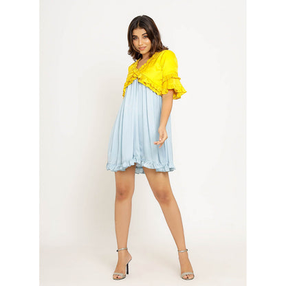 NEORA BY NEHAL CHOPRA Yellow & Ice Blue Frill Mini Dress