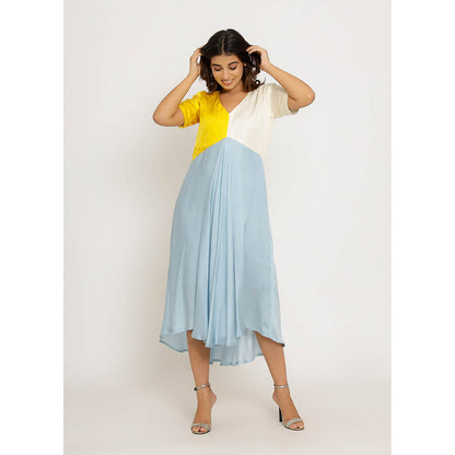 NEORA BY NEHAL CHOPRA Yellow & Ice Blue Midi Dress