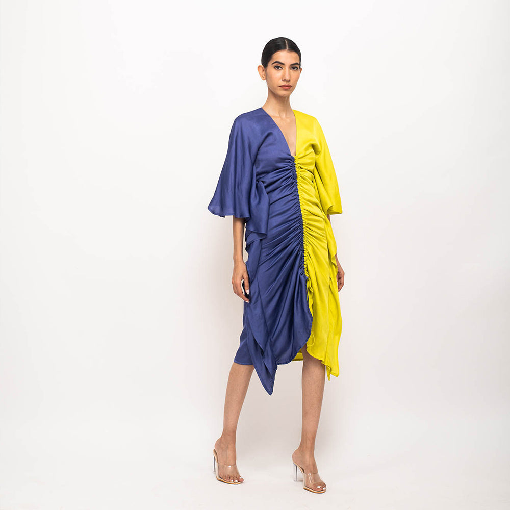 NEORA BY NEHAL CHOPRA Navy Blue & Yellow Kaftan Bodycon Midi Dress