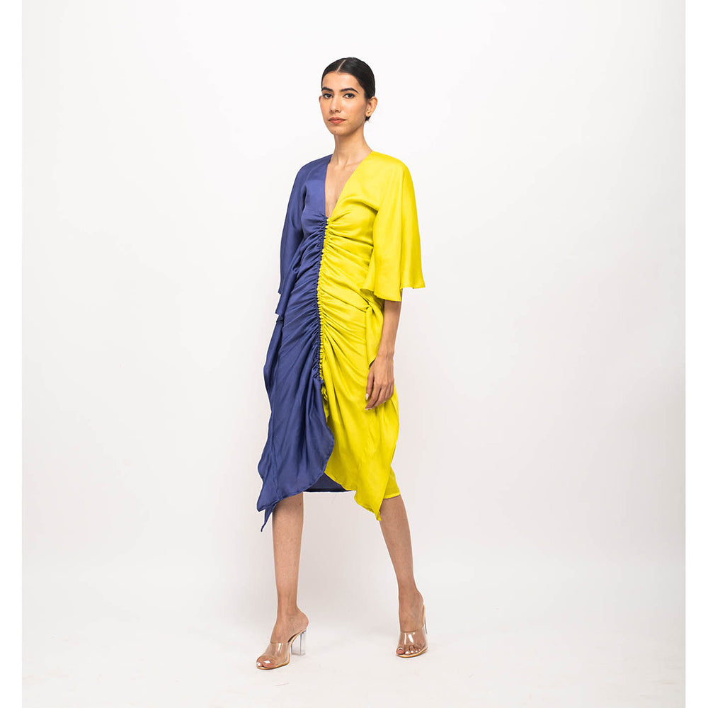 NEORA BY NEHAL CHOPRA Navy Blue & Yellow Kaftan Bodycon Midi Dress