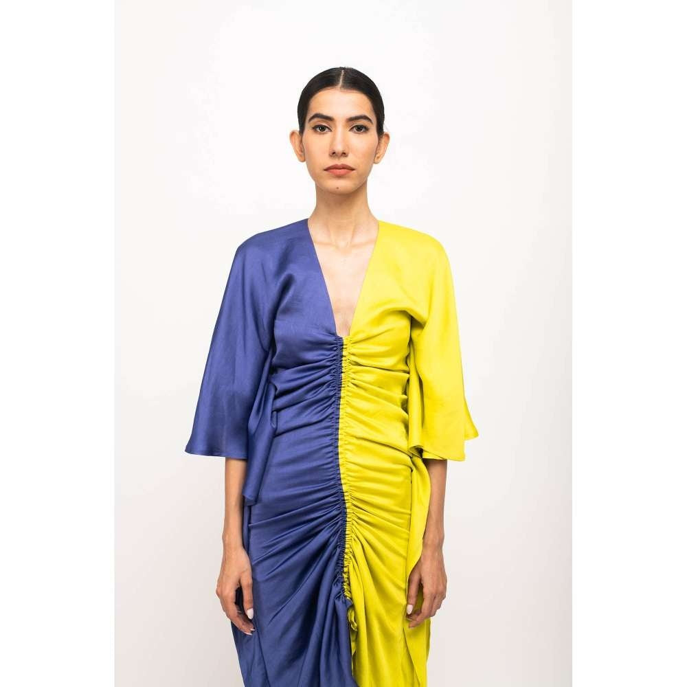 NEORA BY NEHAL CHOPRA Navy Blue & Yellow Kaftan Bodycon Midi Dress