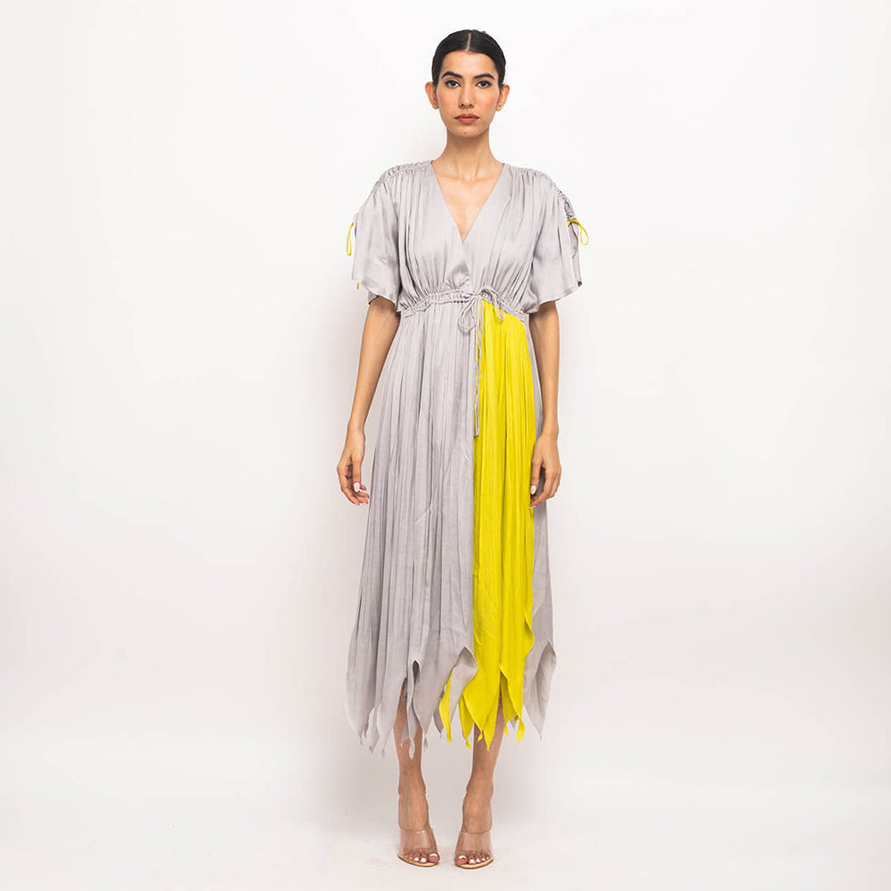 NEORA BY NEHAL CHOPRA Grey & Yellow Angrakha Midi Dress