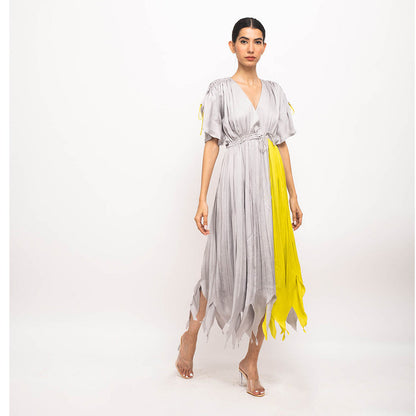 NEORA BY NEHAL CHOPRA Grey & Yellow Angrakha Midi Dress