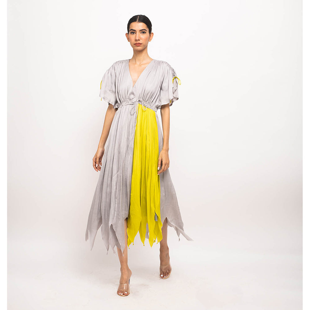 NEORA BY NEHAL CHOPRA Grey & Yellow Angrakha Midi Dress