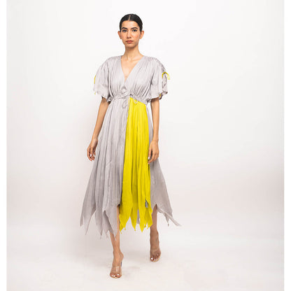 NEORA BY NEHAL CHOPRA Grey & Yellow Angrakha Midi Dress