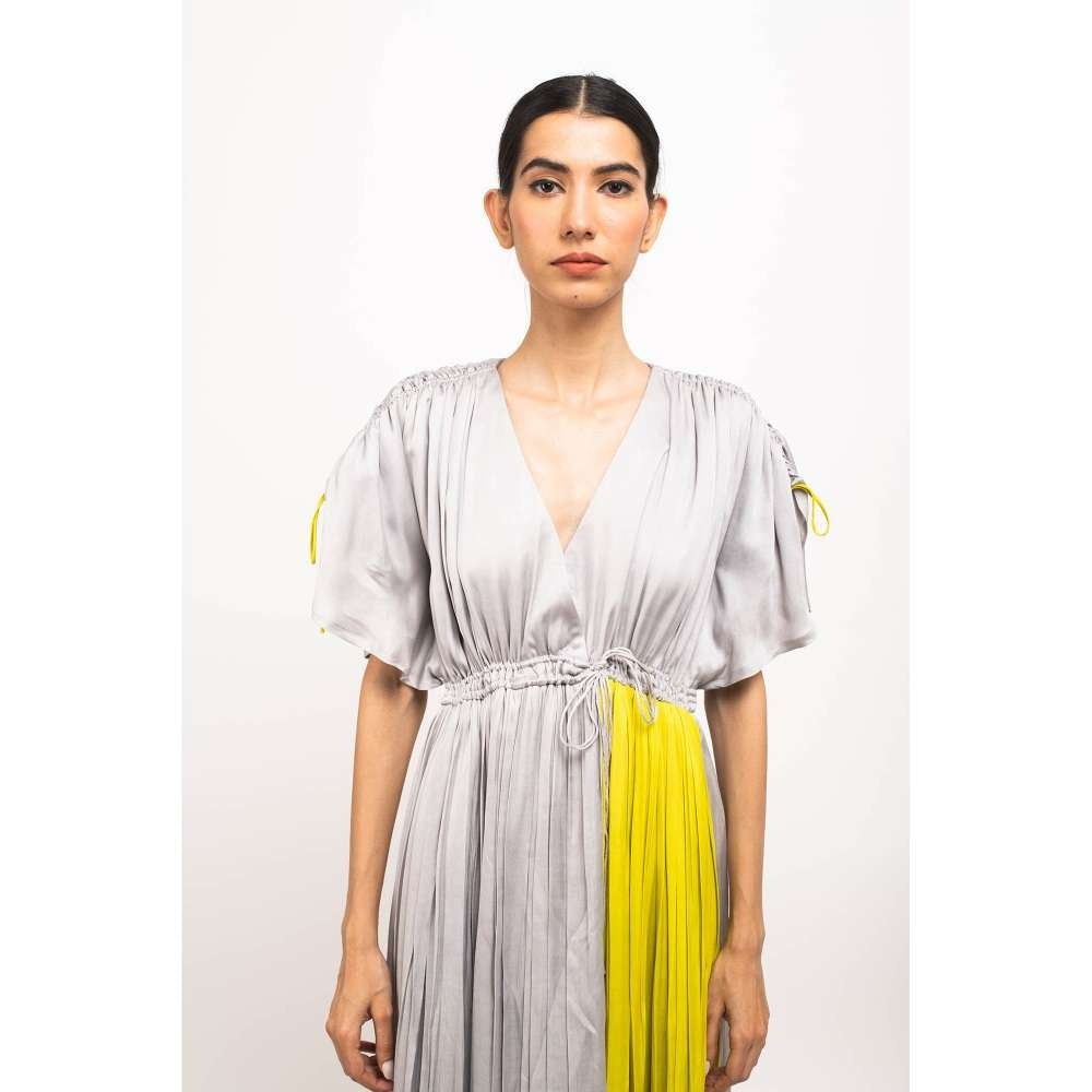 NEORA BY NEHAL CHOPRA Grey & Yellow Angrakha Midi Dress