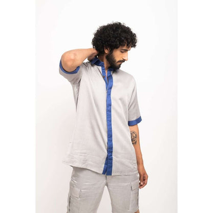 NEORA BY NEHAL CHOPRA Grey and Navy Blue Collar Colorblocked Shirt
