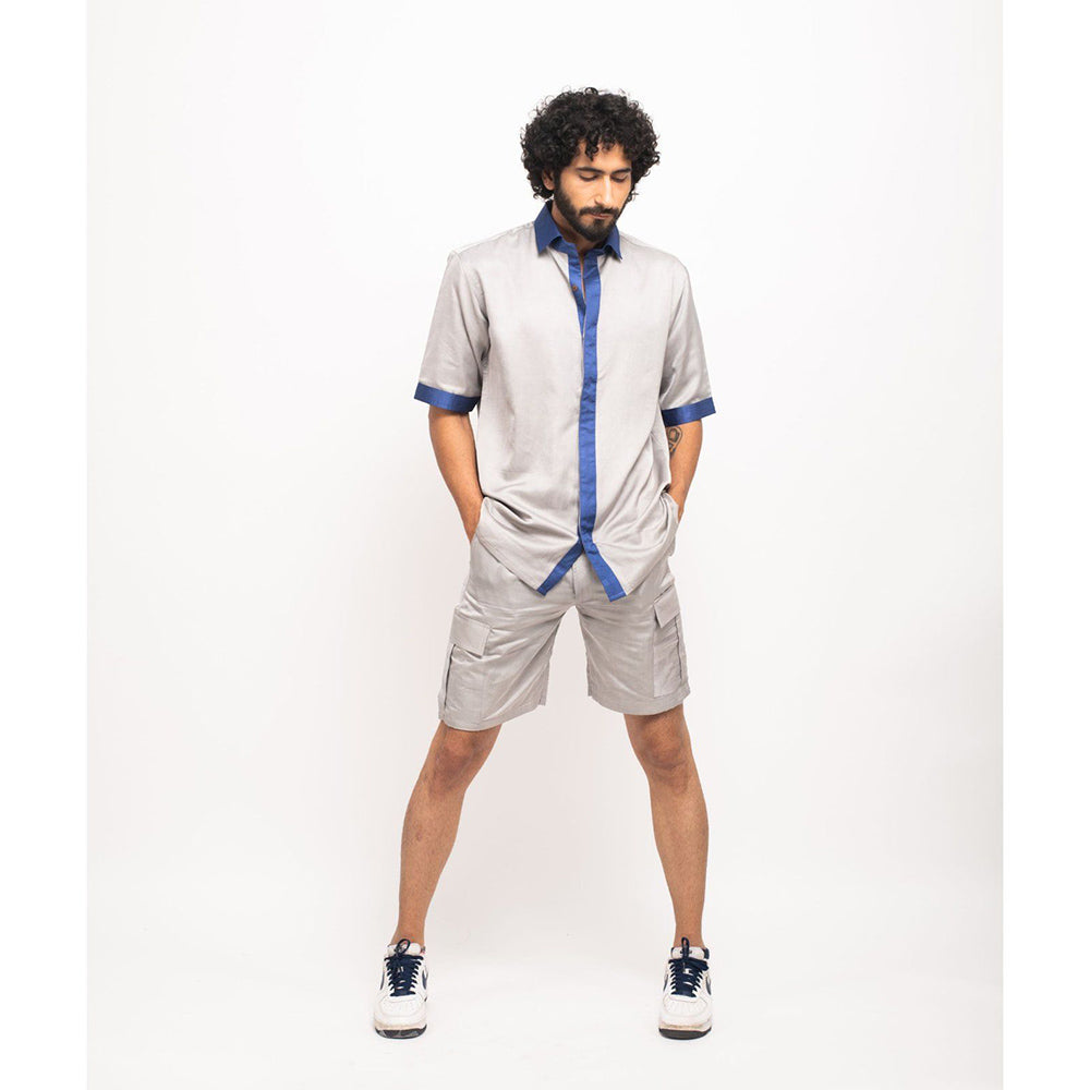 NEORA BY NEHAL CHOPRA Grey and Navy Blue Collar Colorblocked Shirt