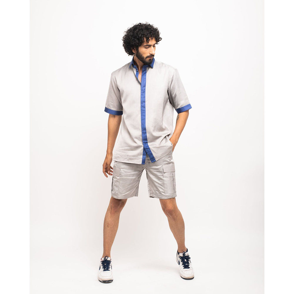 NEORA BY NEHAL CHOPRA Grey and Navy Blue Collar Colorblocked Shirt