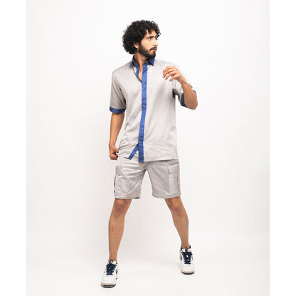 NEORA BY NEHAL CHOPRA Grey and Navy Blue Collar Colorblocked Shirt