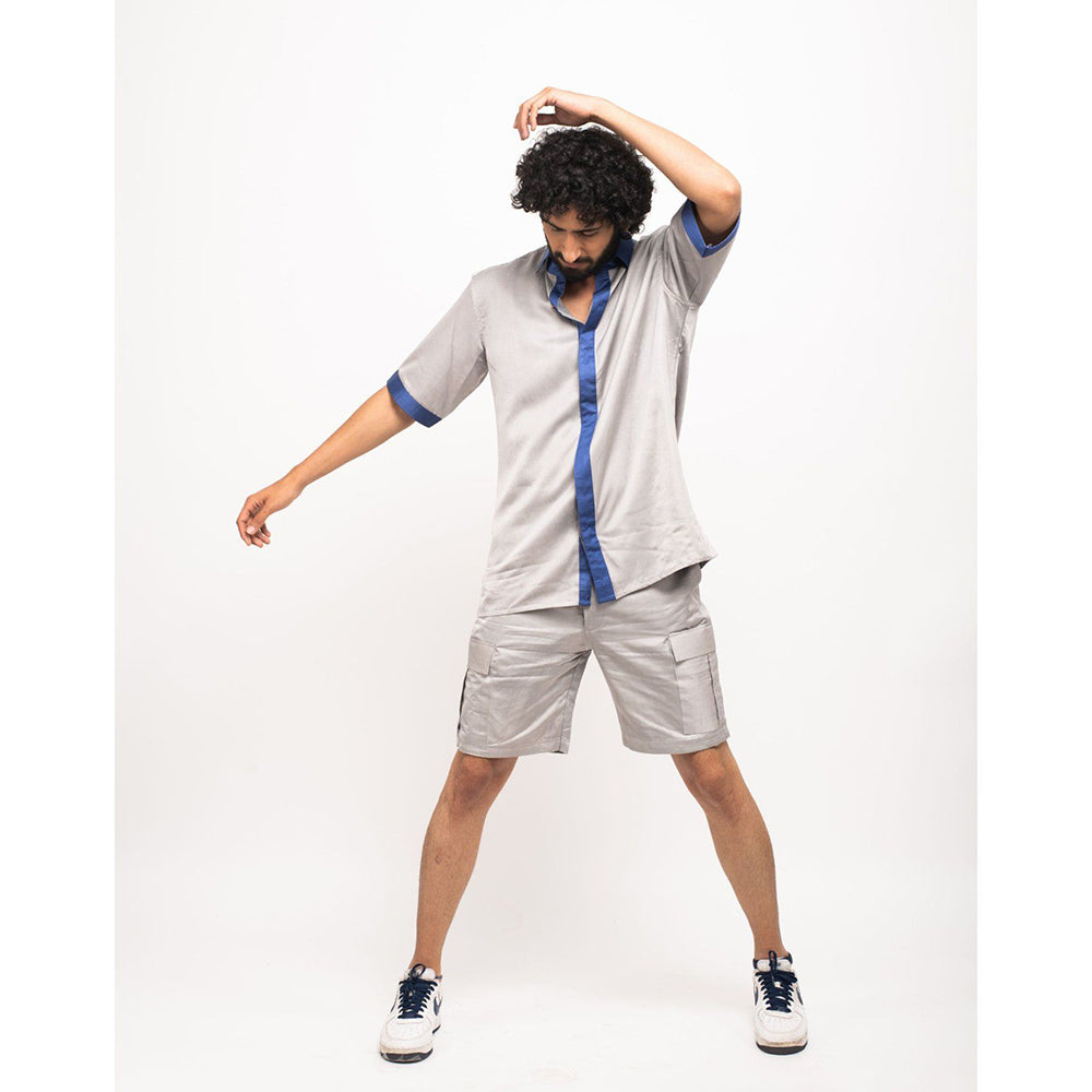 NEORA BY NEHAL CHOPRA Grey and Navy Blue Collar Colorblocked Shirt