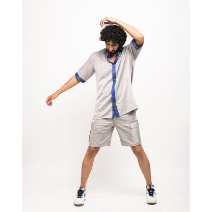 NEORA BY NEHAL CHOPRA Grey and Navy Blue Collar Colorblocked Shirt