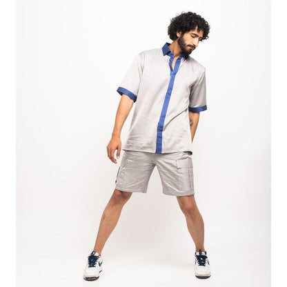 NEORA BY NEHAL CHOPRA Grey and Navy Blue Collar Colorblocked Shirt