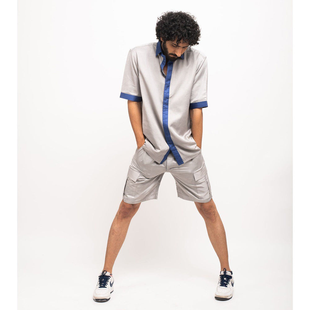 NEORA BY NEHAL CHOPRA Grey and Navy Blue Collar Colorblocked Shirt