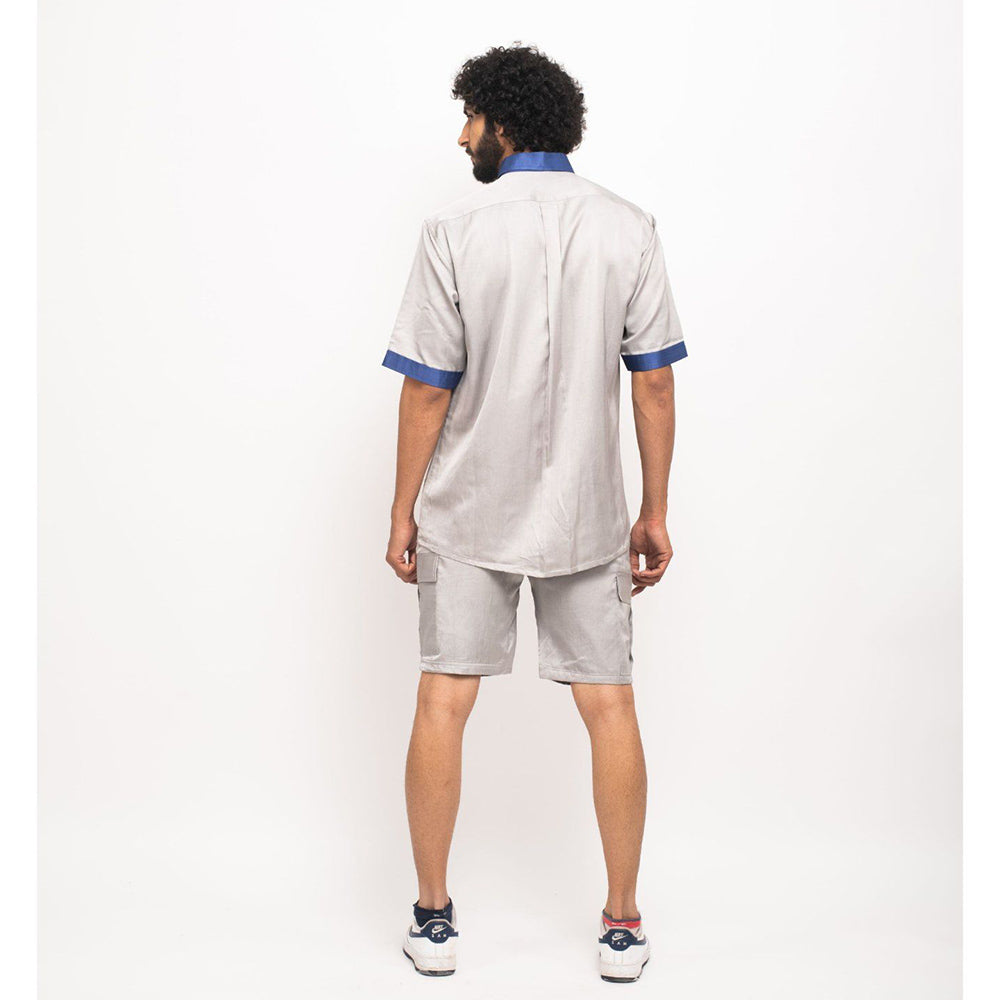 NEORA BY NEHAL CHOPRA Grey and Navy Blue Collar Colorblocked Shirt