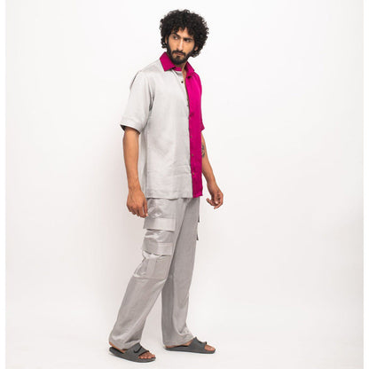 NEORA BY NEHAL CHOPRA Wine and Grey Collar Colorblocked Shirt