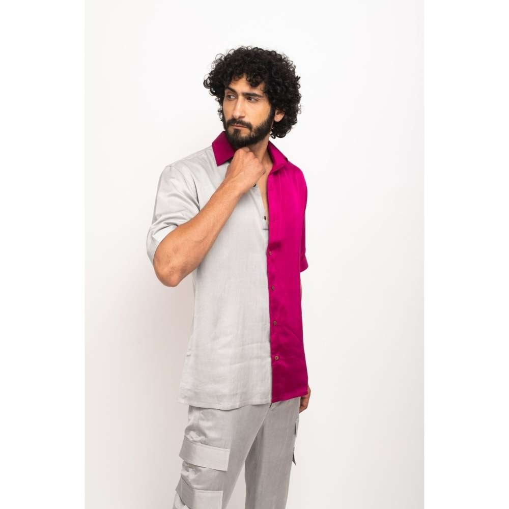 NEORA BY NEHAL CHOPRA Wine and Grey Collar Colorblocked Shirt