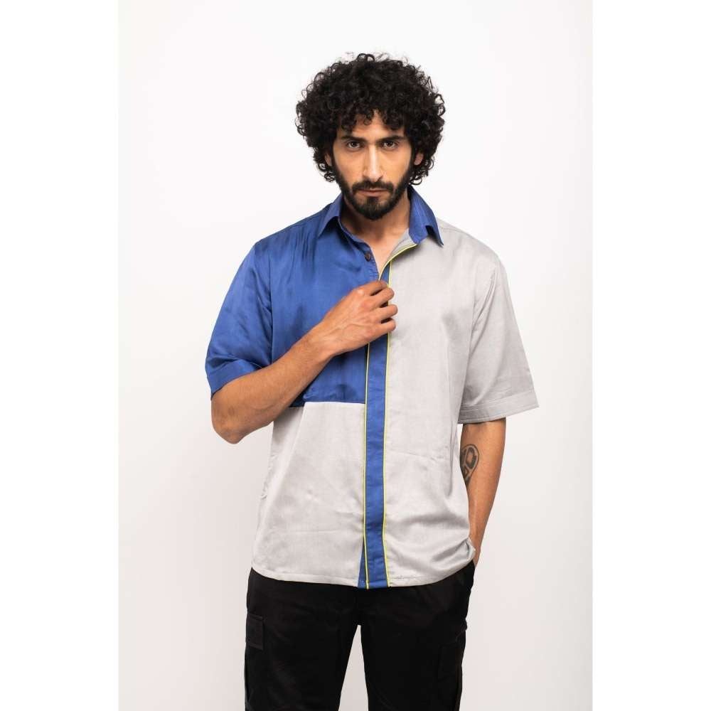 NEORA BY NEHAL CHOPRA Navy Blue and Grey Colorblocked Shirt