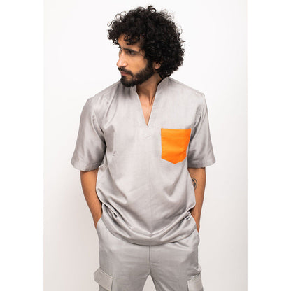 NEORA BY NEHAL CHOPRA Grey Shirt With Orange Pocket