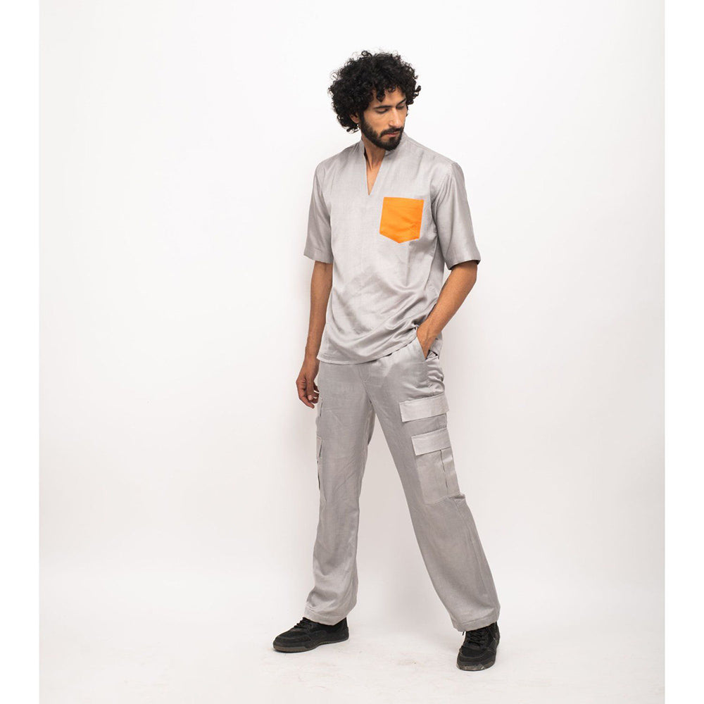 NEORA BY NEHAL CHOPRA Grey Shirt With Orange Pocket