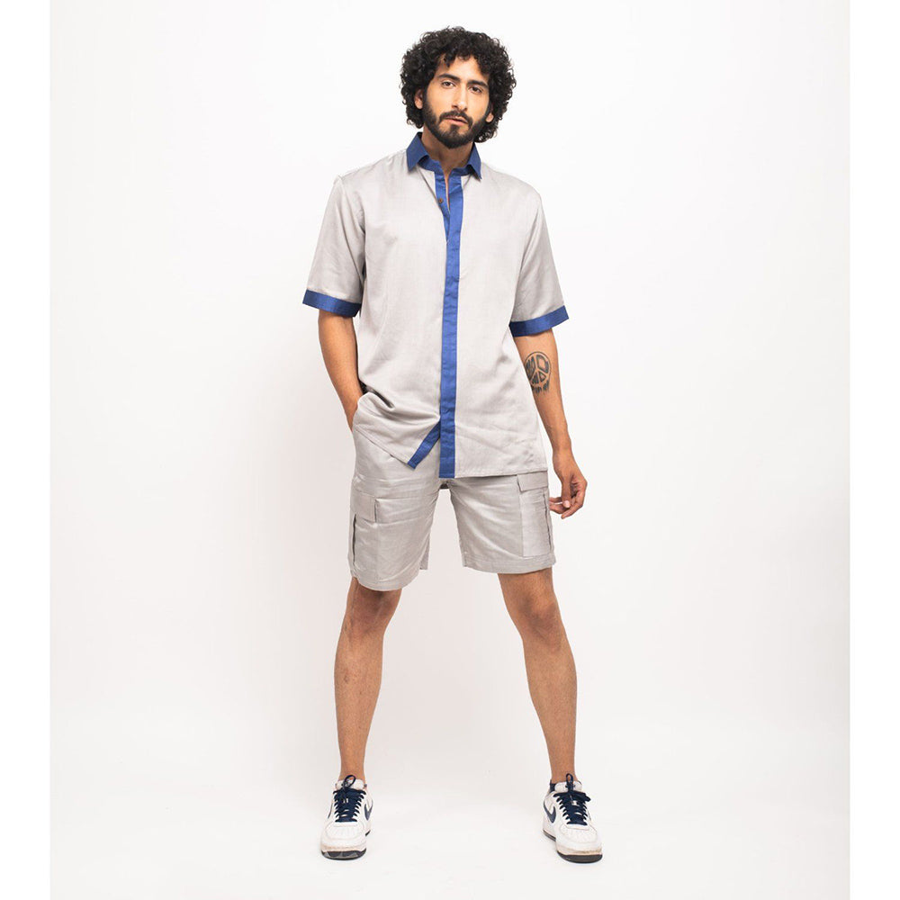 NEORA BY NEHAL CHOPRA Grey and Navy Blue Collar Colorblocked Co-Ord Set (Set of 2)