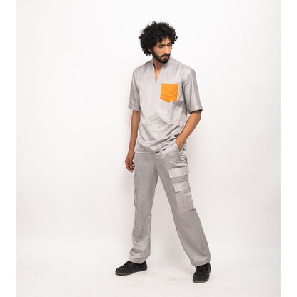 NEORA BY NEHAL CHOPRA Grey Shirt With Orange Pocket Co-Ord Set (Set of 2)