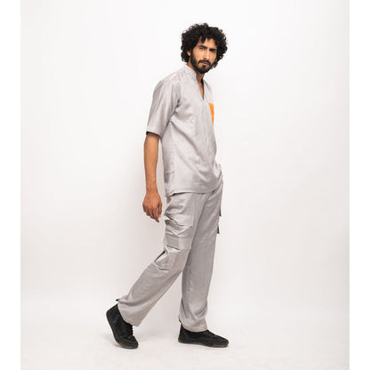 NEORA BY NEHAL CHOPRA Grey Shirt With Orange Pocket Co-Ord Set (Set of 2)