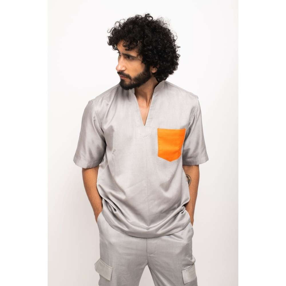 NEORA BY NEHAL CHOPRA Grey Shirt With Orange Pocket Co-Ord Set (Set of 2)