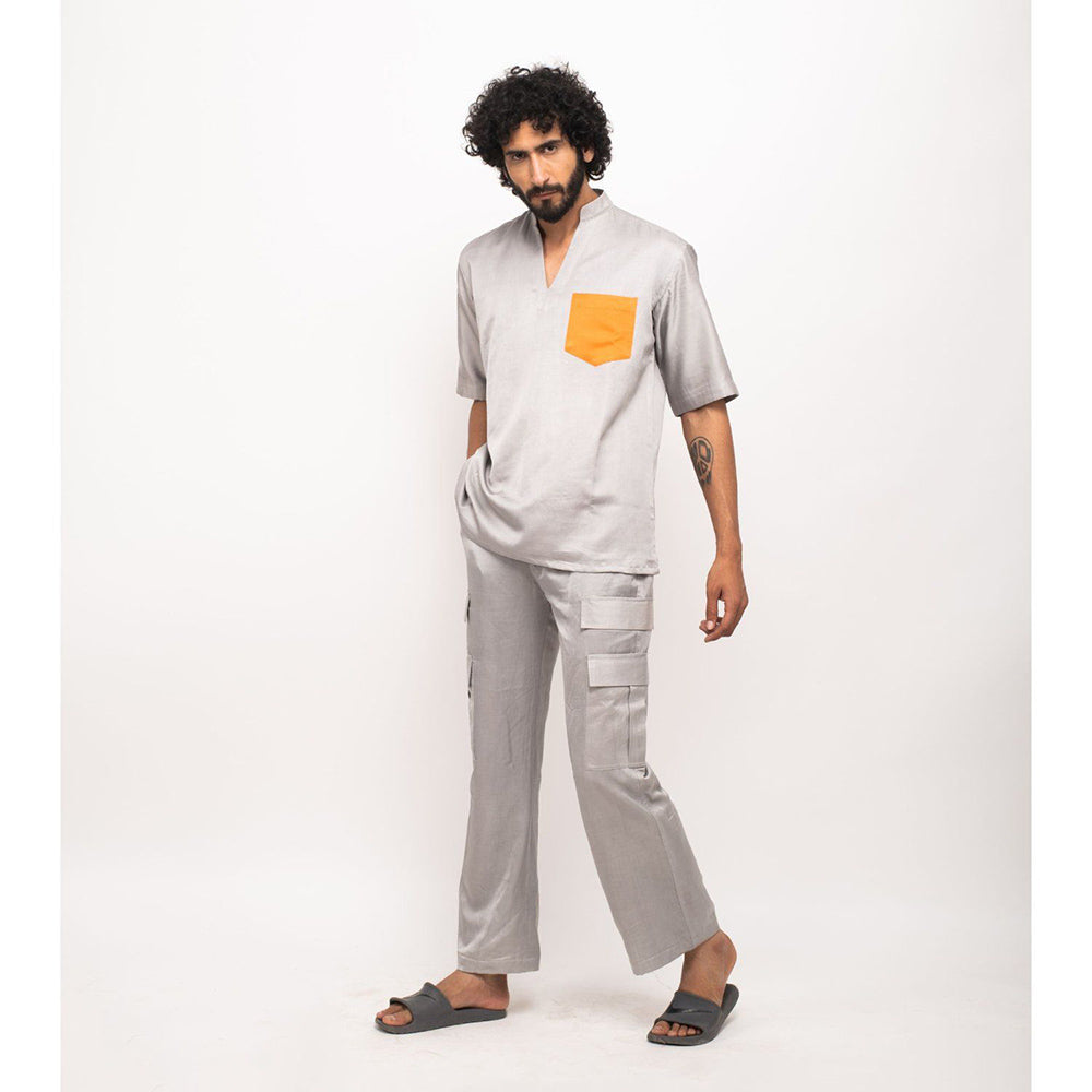 NEORA BY NEHAL CHOPRA Grey Shirt With Orange Pocket Co-Ord Set (Set of 2)
