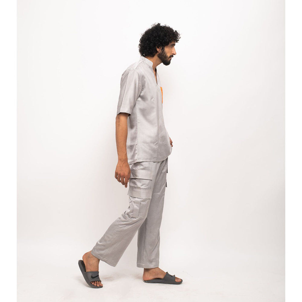 NEORA BY NEHAL CHOPRA Grey Shirt With Orange Pocket Co-Ord Set (Set of 2)