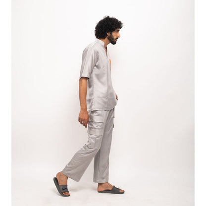 NEORA BY NEHAL CHOPRA Grey Shirt With Orange Pocket Co-Ord Set (Set of 2)