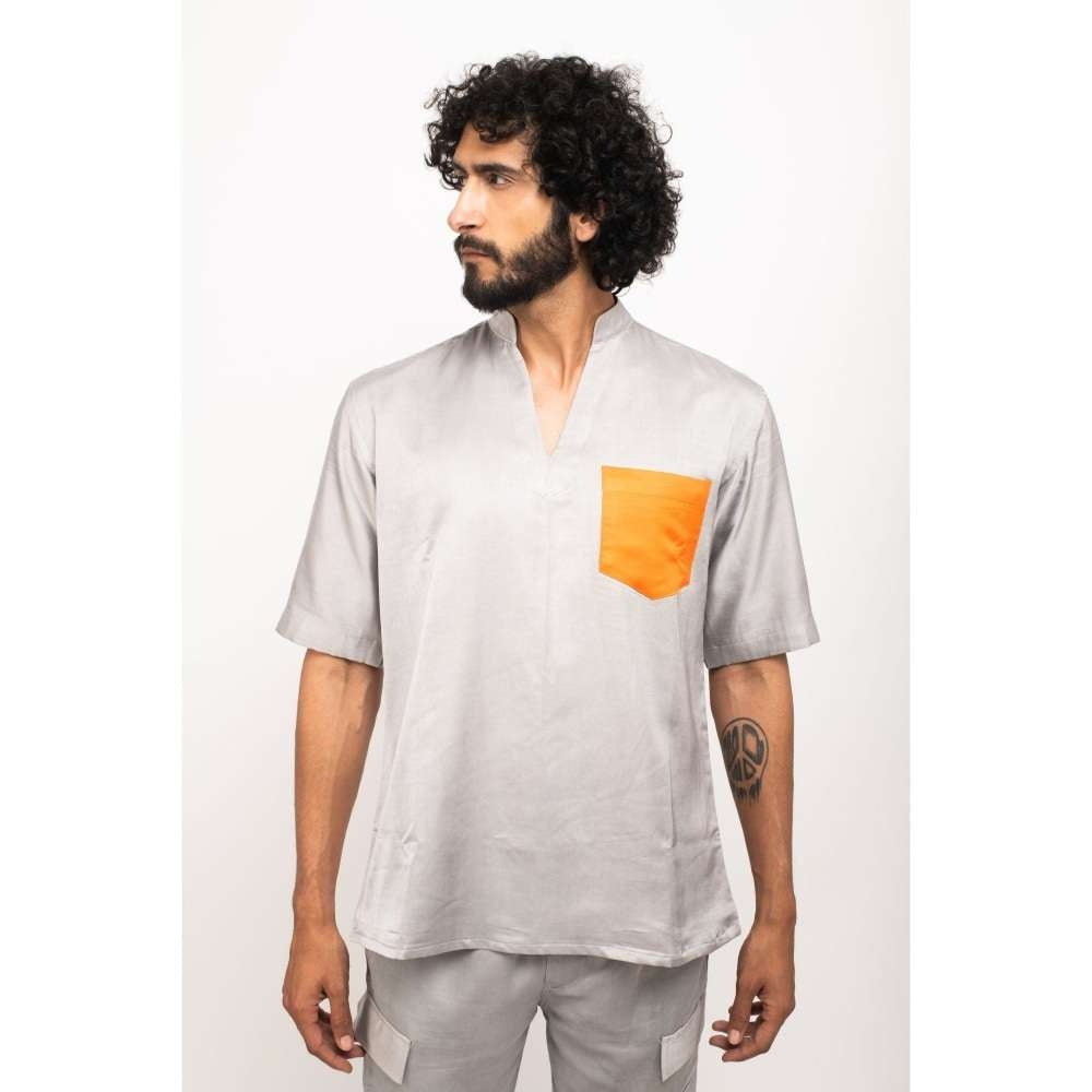 NEORA BY NEHAL CHOPRA Grey Shirt With Orange Pocket Co-Ord Set (Set of 2)