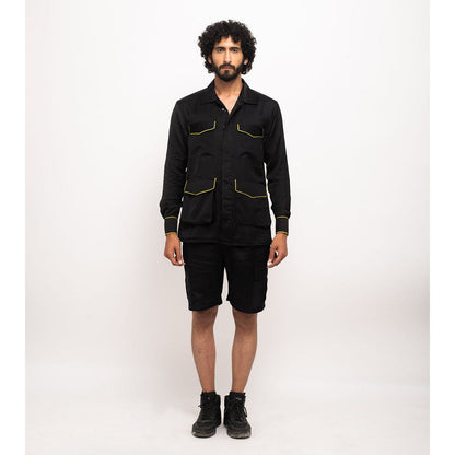 NEORA BY NEHAL CHOPRA Black Jacket With Neon Piping Co-Ord Set (Set of 2)