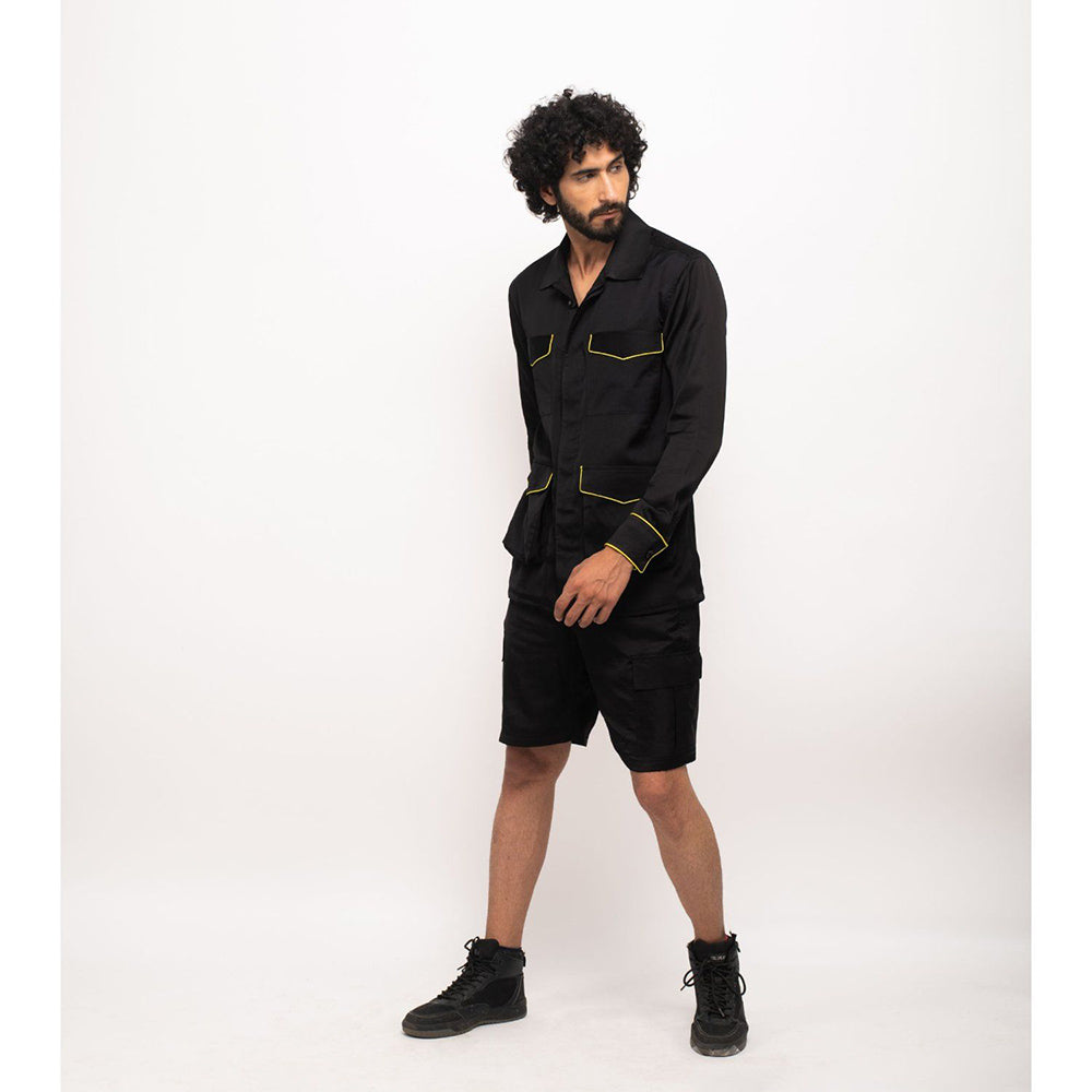 NEORA BY NEHAL CHOPRA Black Jacket With Neon Piping Co-Ord Set (Set of 2)