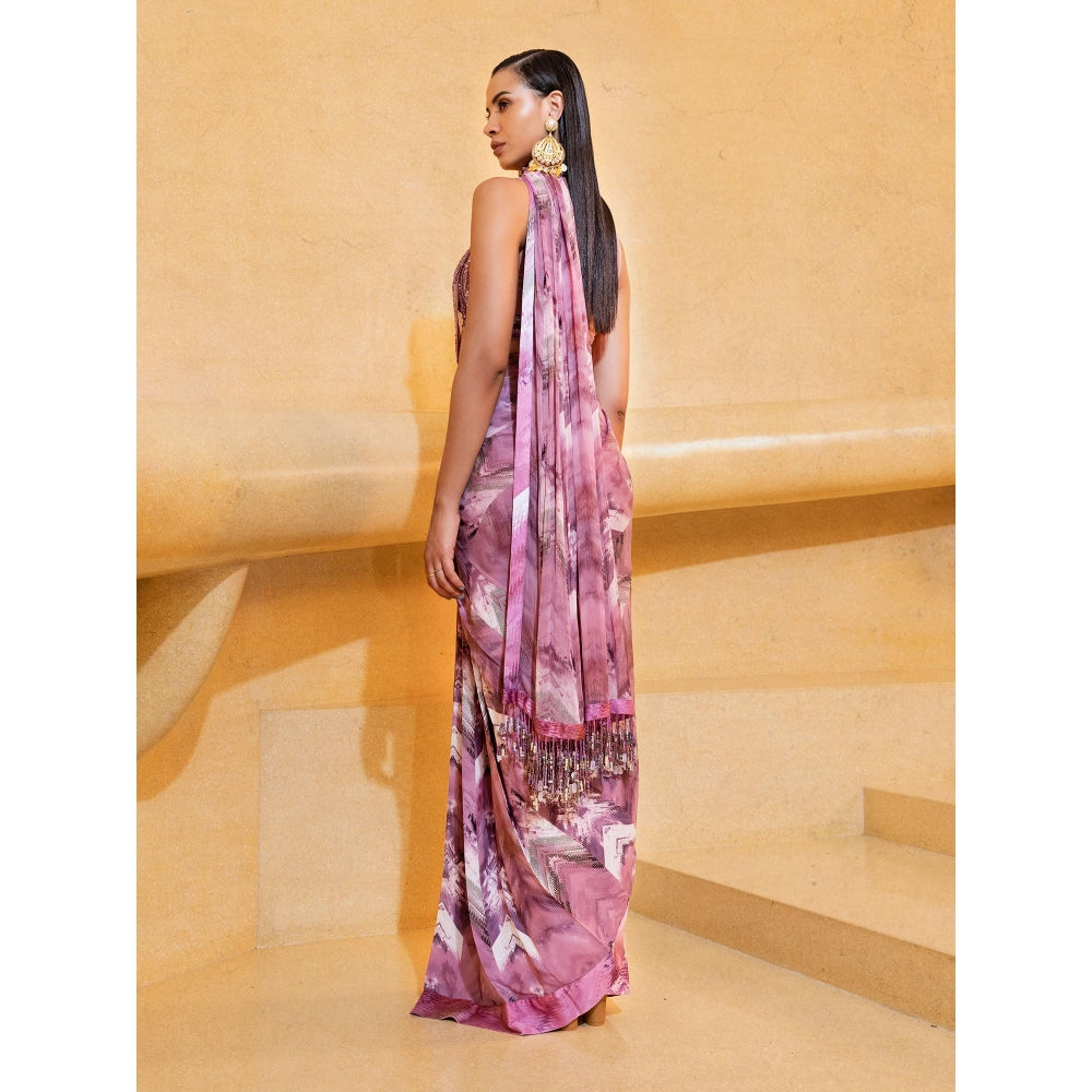 Nikita Mhaisalkar Lilac Floss Print Saree with Stitched Blouse (Set of 2) with Stitched