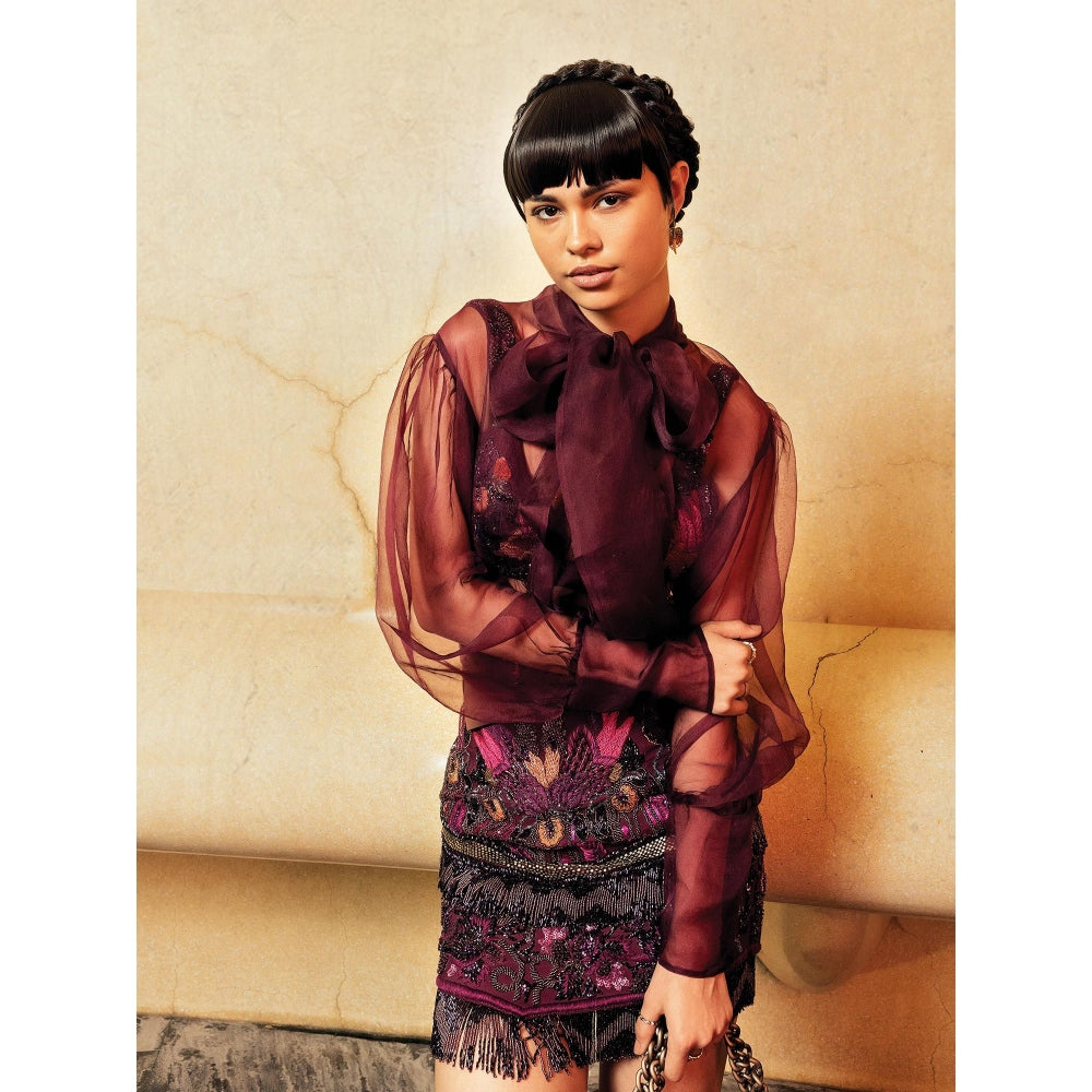 Nikita Mhaisalkar Wine Skirt with Hand Thread and Metallic Embellishments