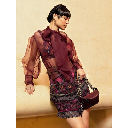 Nikita Mhaisalkar Wine Skirt with Hand Thread and Metallic Embellishments